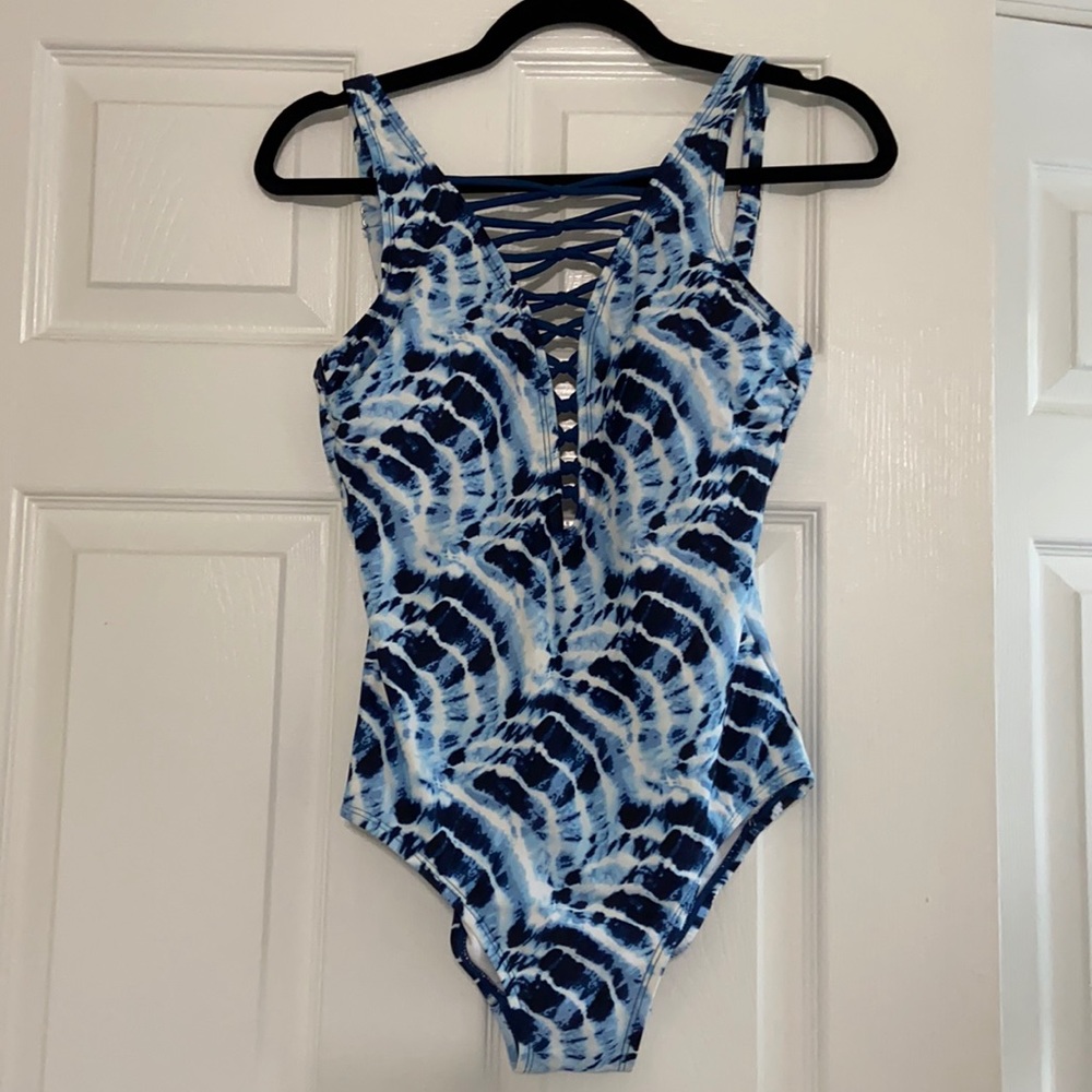 Tie dye one piece with low back and lace up neck